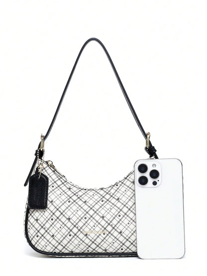 Fashion Crescent Bag, Y2K Shoulder Underarm Bag, Classic Plaid Shoulder Bag, Women's Fashion Handbag With Cherry Charm Decoration, Leather Texture Crossbody Bag, Essential For Fashionable Outings