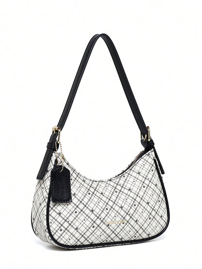 Fashion Crescent Bag, Y2K Shoulder Underarm Bag, Classic Plaid Shoulder Bag, Women's Fashion Handbag With Cherry Charm Decoration, Leather Texture Crossbody Bag, Essential For Fashionable Outings