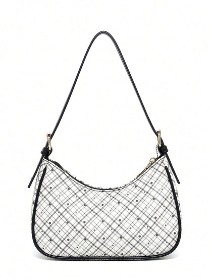 Fashion Crescent Bag, Y2K Shoulder Underarm Bag, Classic Plaid Shoulder Bag, Women's Fashion Handbag With Cherry Charm Decoration, Leather Texture Crossbody Bag, Essential For Fashionable Outings