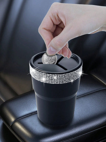Fashion Simple Model Rhinestone Car Coin Storage Cup- Multi-Functional Storage Cup, Non-Slip Design, Easy To Store Loose Change, Practical And Convenient