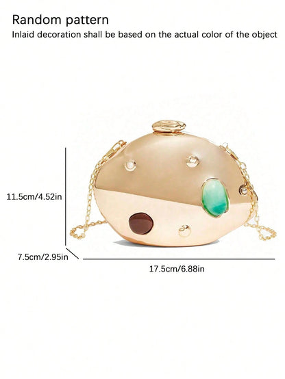 Fashionable Metal Hard Shell Handbag, Inlaid With Exquisite Gemstone Metal Chain Crossbody Bag, Niche Design Dinner Bag, Suitable Banquets Gatherings