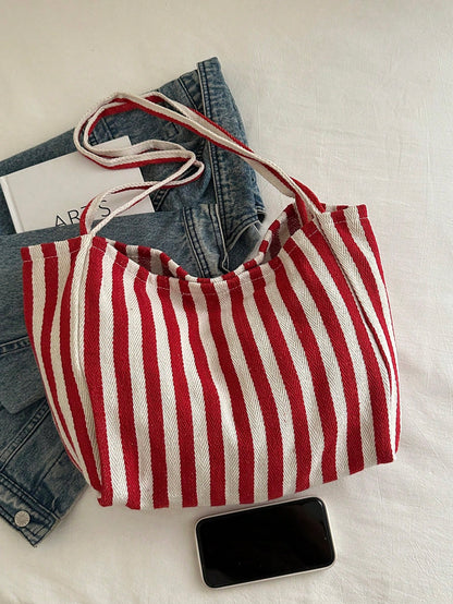 Fashionable Retro Striped Canvas Tote Bag, Large Capacity, Versatile Use, Ideal For Work, School Or Outdoor Activities