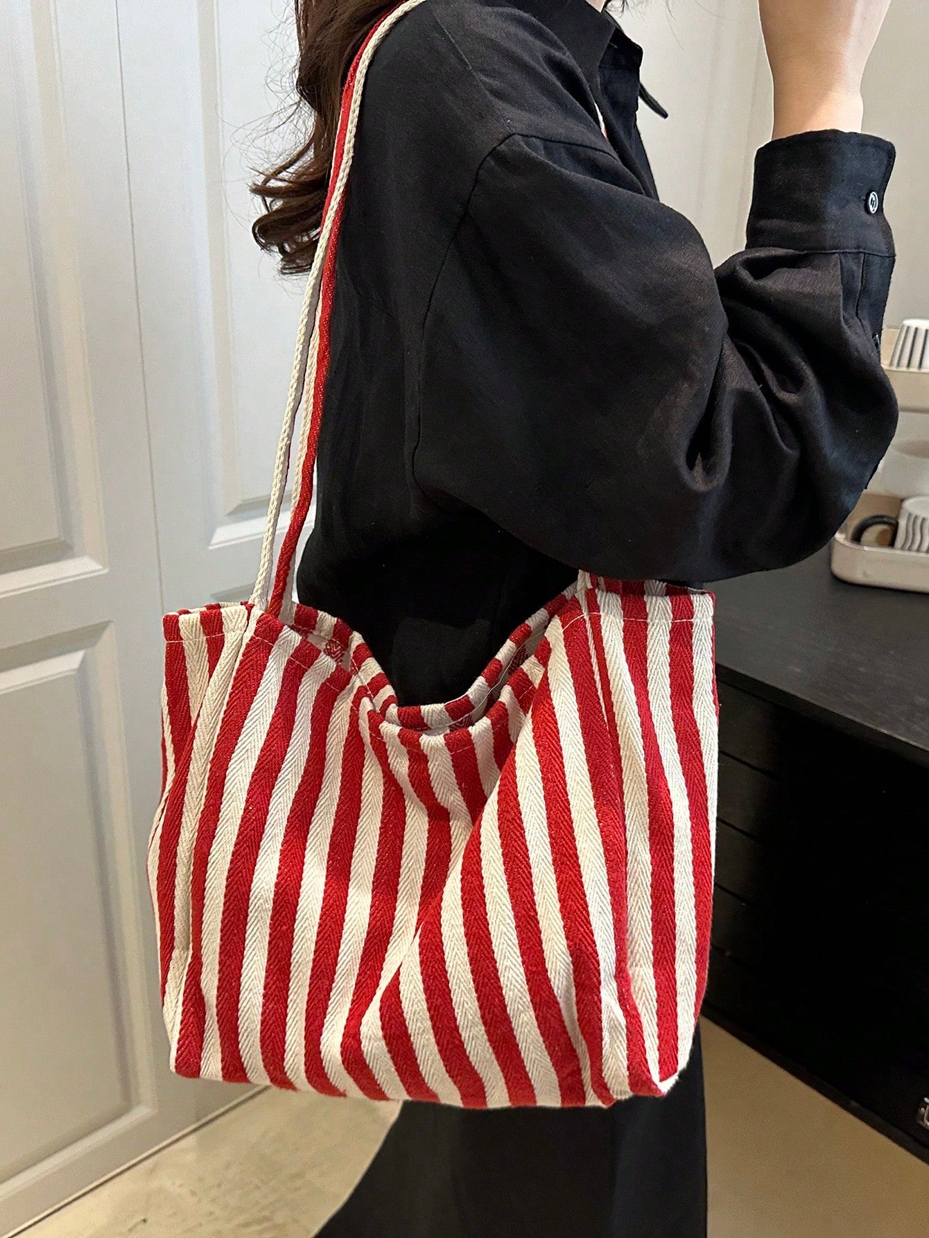Fashionable Retro Striped Canvas Tote Bag, Large Capacity, Versatile Use, Ideal For Work, School Or Outdoor Activities