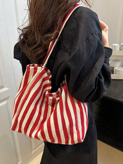 Fashionable Retro Striped Canvas Tote Bag, Large Capacity, Versatile Use, Ideal For Work, School Or Outdoor Activities