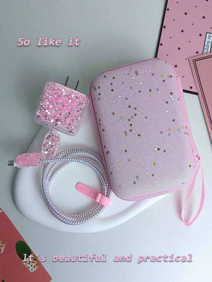 Fashionable Six-Piece Set Of Glitter Sparkle Charger Storage And Protection Cable Organizer