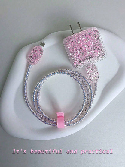 Fashionable Six-Piece Set Of Glitter Sparkle Charger Storage And Protection Cable Organizer