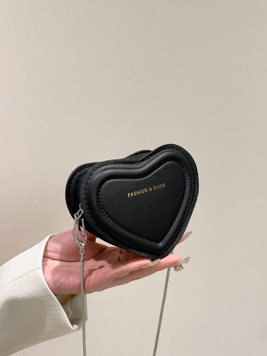Fashionable Solid Color Ultra Small Heart-Shaped Women's Bag, PU Leather Chain Bag Slanted Body Coin Purse