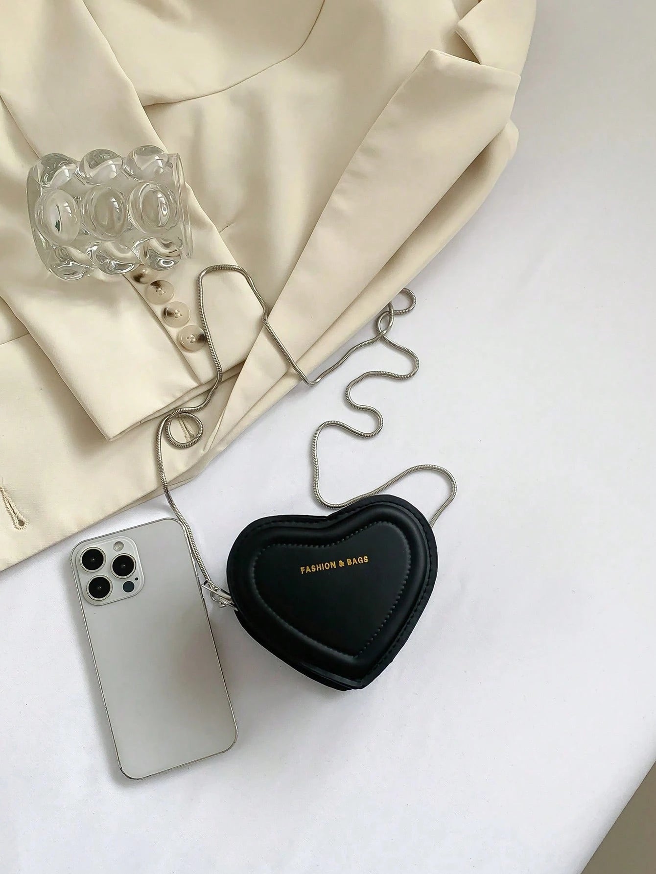 Fashionable Solid Color Ultra Small Heart-Shaped Women's Bag, PU Leather Chain Bag Slanted Body Coin Purse