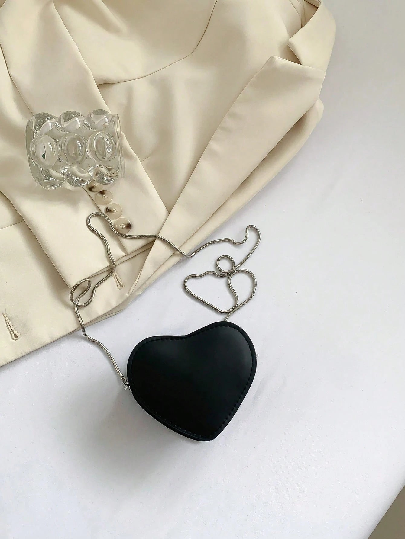 Fashionable Solid Color Ultra Small Heart-Shaped Women's Bag, PU Leather Chain Bag Slanted Body Coin Purse