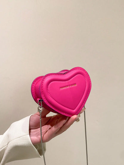 Fashionable Solid Color Ultra Small Heart-Shaped Women's Bag, PU Leather Chain Bag Slanted Body Coin Purse