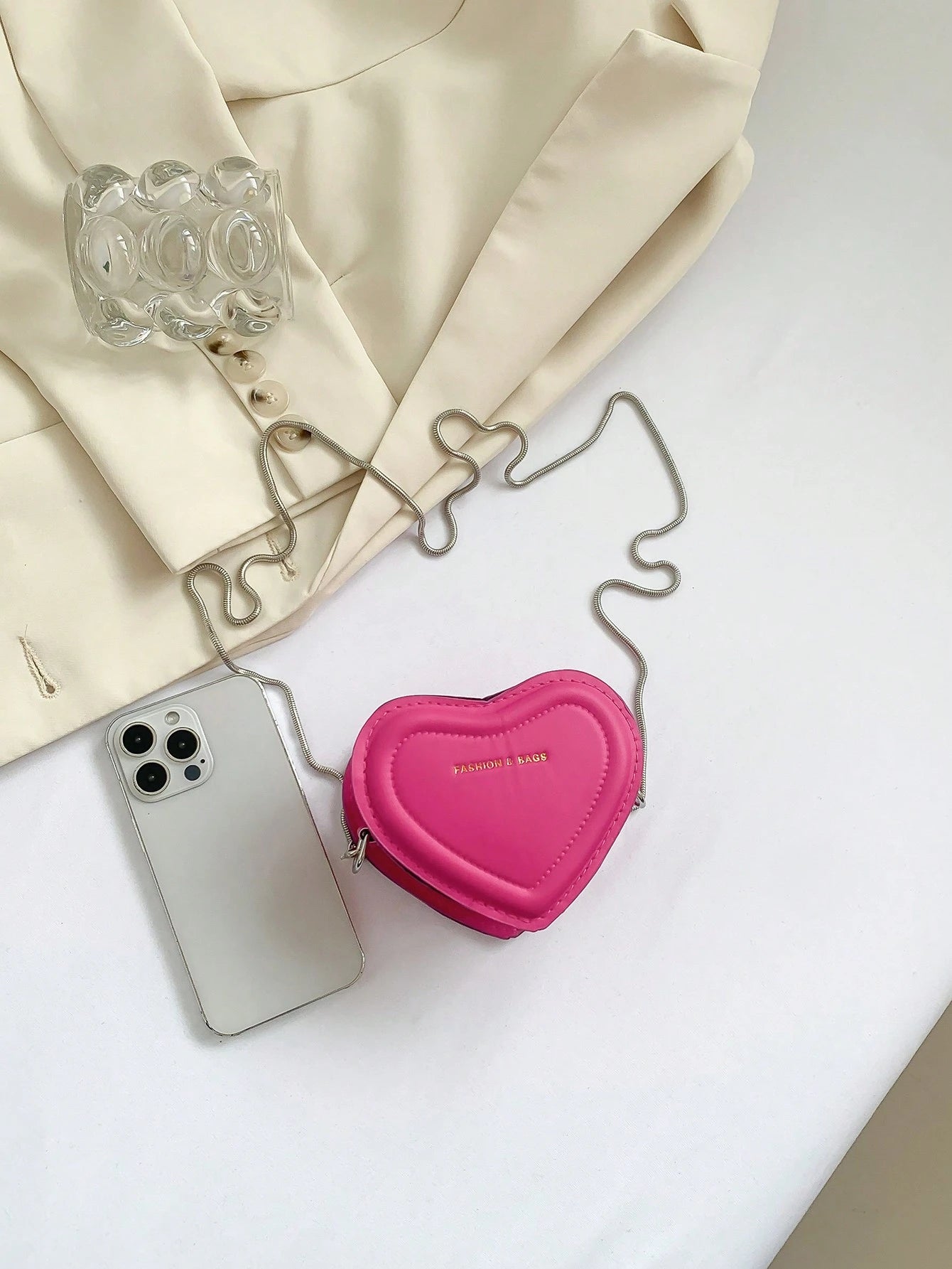 Fashionable Solid Color Ultra Small Heart-Shaped Women's Bag, PU Leather Chain Bag Slanted Body Coin Purse