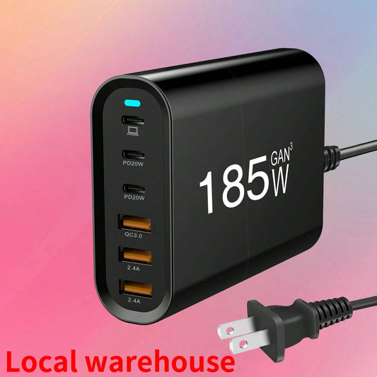 Fast Charging Multi-Port Strip Type Charging Station 6-Port Charging Station For Multiple Devices 185W GaN 3USB-A + 3USB-C Fast Charger Portable Power Adapter Local Warehouse Valentine's Day Gift