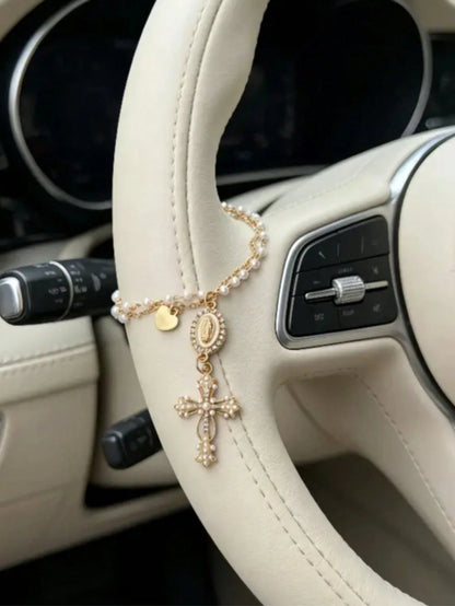 Faux Pearl Double Layer Chain + Rhinestone Virgin Mary + Pearl Cross Car Decoration Pendant- Thoughtful Baptism Gift For Religious Believers, Car Steering Wheel Decoration Accessory, Car Decoration S