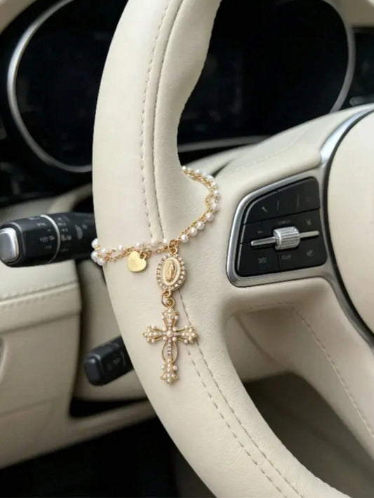 Faux Pearl Double Layer Chain + Rhinestone Virgin Mary + Pearl Cross Car Decoration Pendant- Thoughtful Baptism Gift For Religious Believers, Car Steering Wheel Decoration Accessory, Car Decoration S