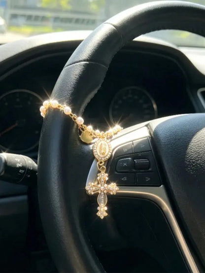 Faux Pearl Double Layer Chain + Rhinestone Virgin Mary + Pearl Cross Car Decoration Pendant- Thoughtful Baptism Gift For Religious Believers, Car Steering Wheel Decoration Accessory, Car Decoration S