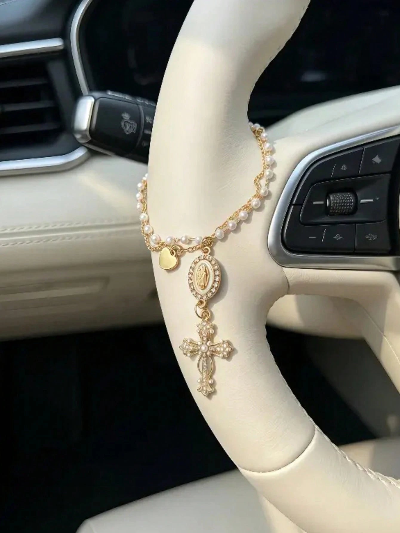 Faux Pearl Double Layer Chain + Rhinestone Virgin Mary + Pearl Cross Car Decoration Pendant- Thoughtful Baptism Gift For Religious Believers, Car Steering Wheel Decoration Accessory, Car Decoration S