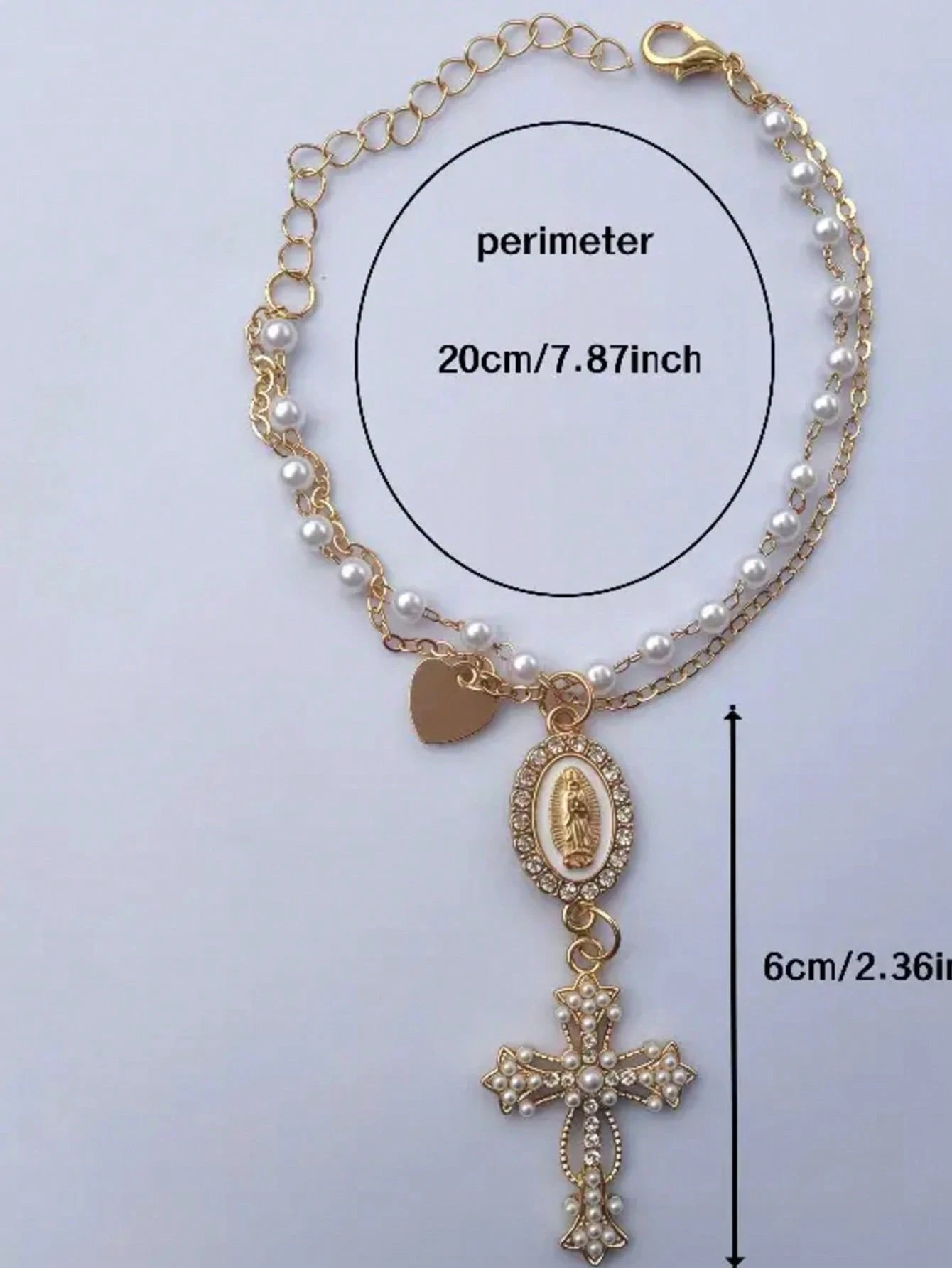 Faux Pearl Double Layer Chain + Rhinestone Virgin Mary + Pearl Cross Car Decoration Pendant- Thoughtful Baptism Gift For Religious Believers, Car Steering Wheel Decoration Accessory, Car Decoration S
