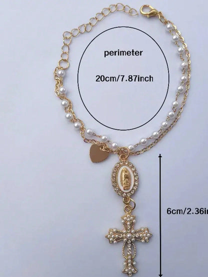Faux Pearl Double Layer Chain + Rhinestone Virgin Mary + Pearl Cross Car Decoration Pendant- Thoughtful Baptism Gift For Religious Believers, Car Steering Wheel Decoration Accessory, Car Decoration S