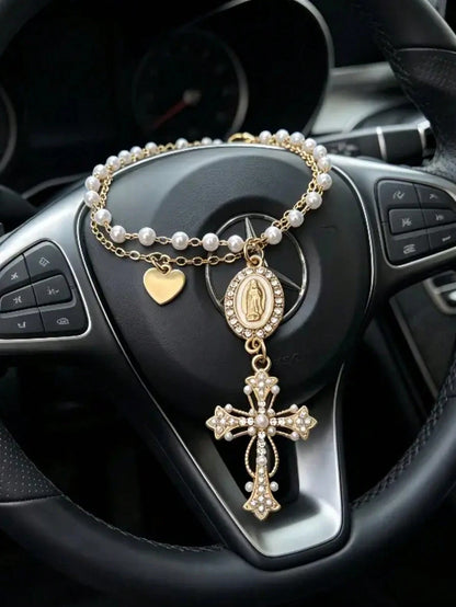 Faux Pearl Double Layer Chain + Rhinestone Virgin Mary + Pearl Cross Car Decoration Pendant- Thoughtful Baptism Gift For Religious Believers, Car Steering Wheel Decoration Accessory, Car Decoration S