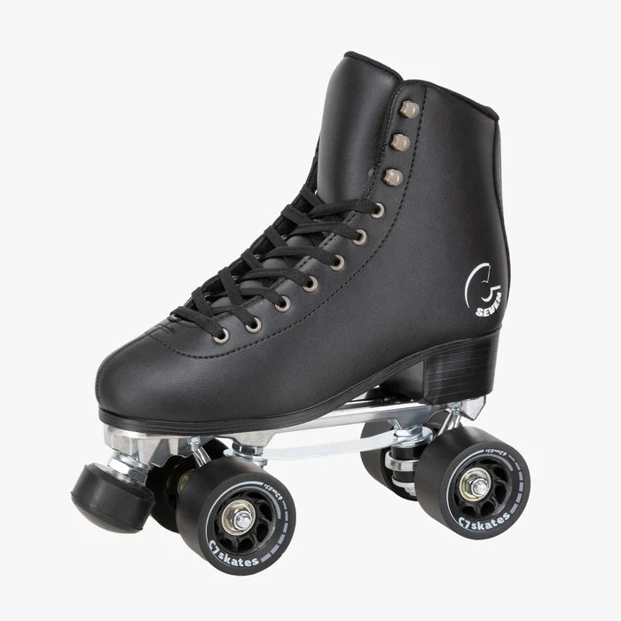 Black roller skate with visible brand logo on a white background