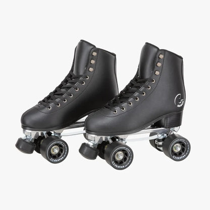 Pair of black roller skates with clear wheels on a white background