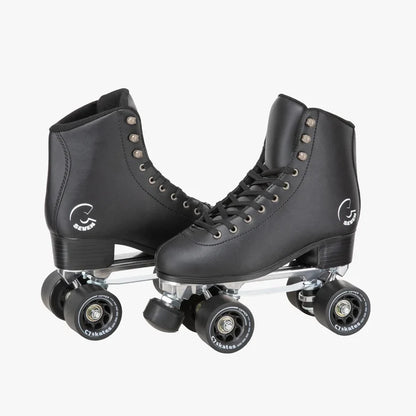 Pair of black roller skates on a white background