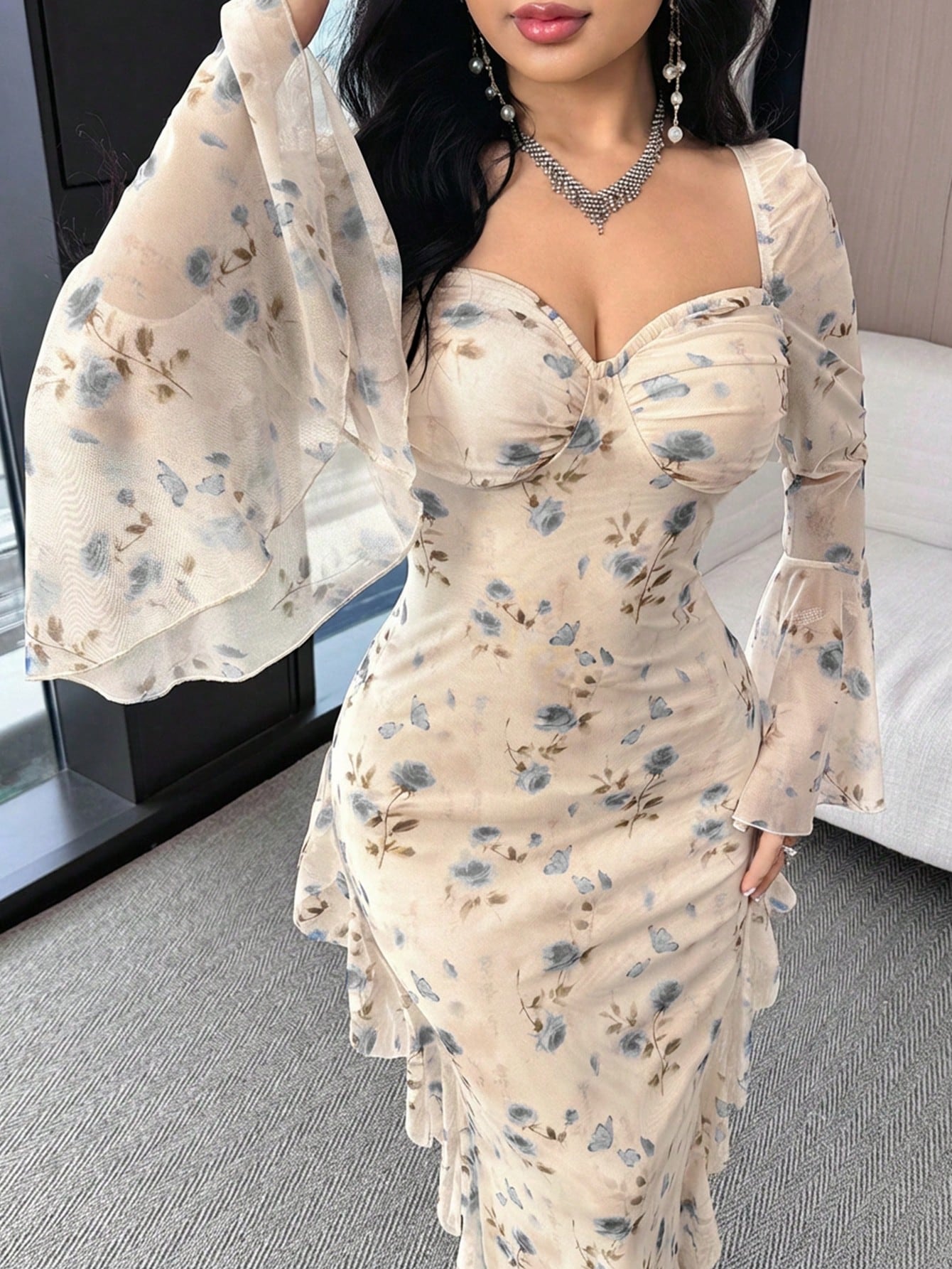 Feyla Women's Sweetheart Collar Flare Sleeve Ruffle Hem Slim Fit Elegant Long Dress, Summer Floral Dress Elegant Sheer Dress