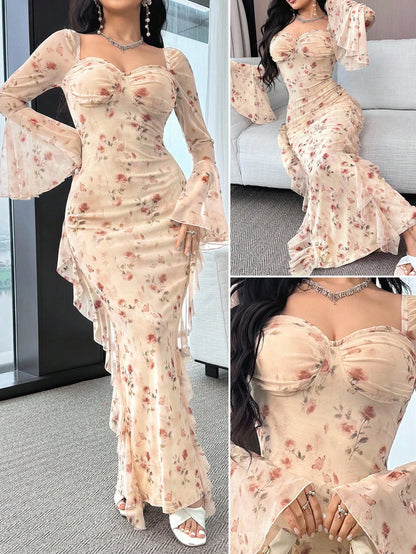 Feyla Women's Sweetheart Collar Flare Sleeve Ruffle Hem Slim Fit Elegant Long Dress, Summer Floral Dress Elegant Sheer Dress