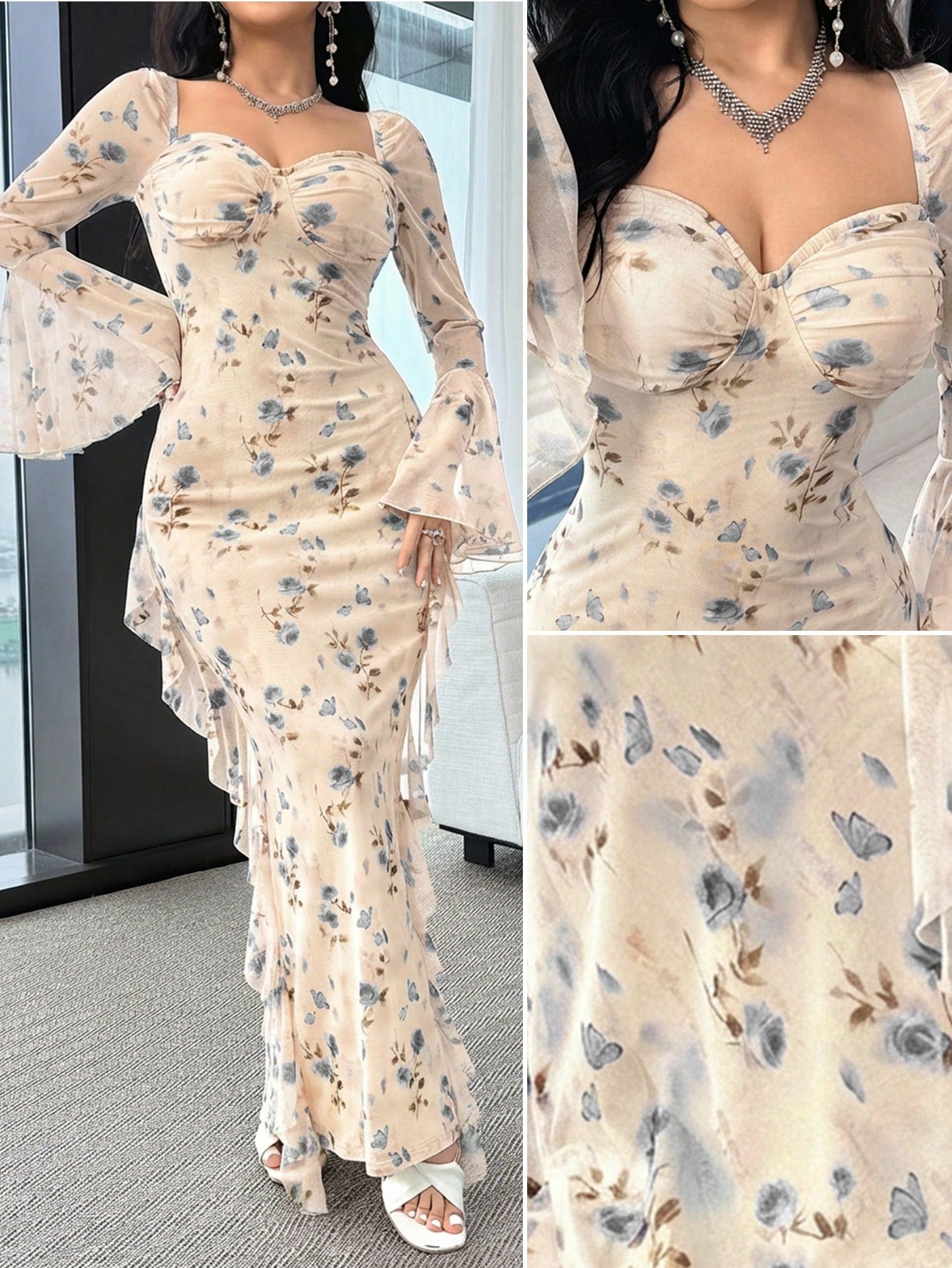 Feyla Women's Sweetheart Collar Flare Sleeve Ruffle Hem Slim Fit Elegant Long Dress, Summer Floral Dress Elegant Sheer Dress