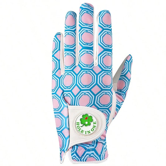 FINGER TEN Women's Golf Glove With Fashion Ball Marker, 1pc Left Hand, Fashionable Blue Octagon Pattern Design, Breathable And Comfortable, Provides Stable Swing, Comfortable Fit And Secure Grip