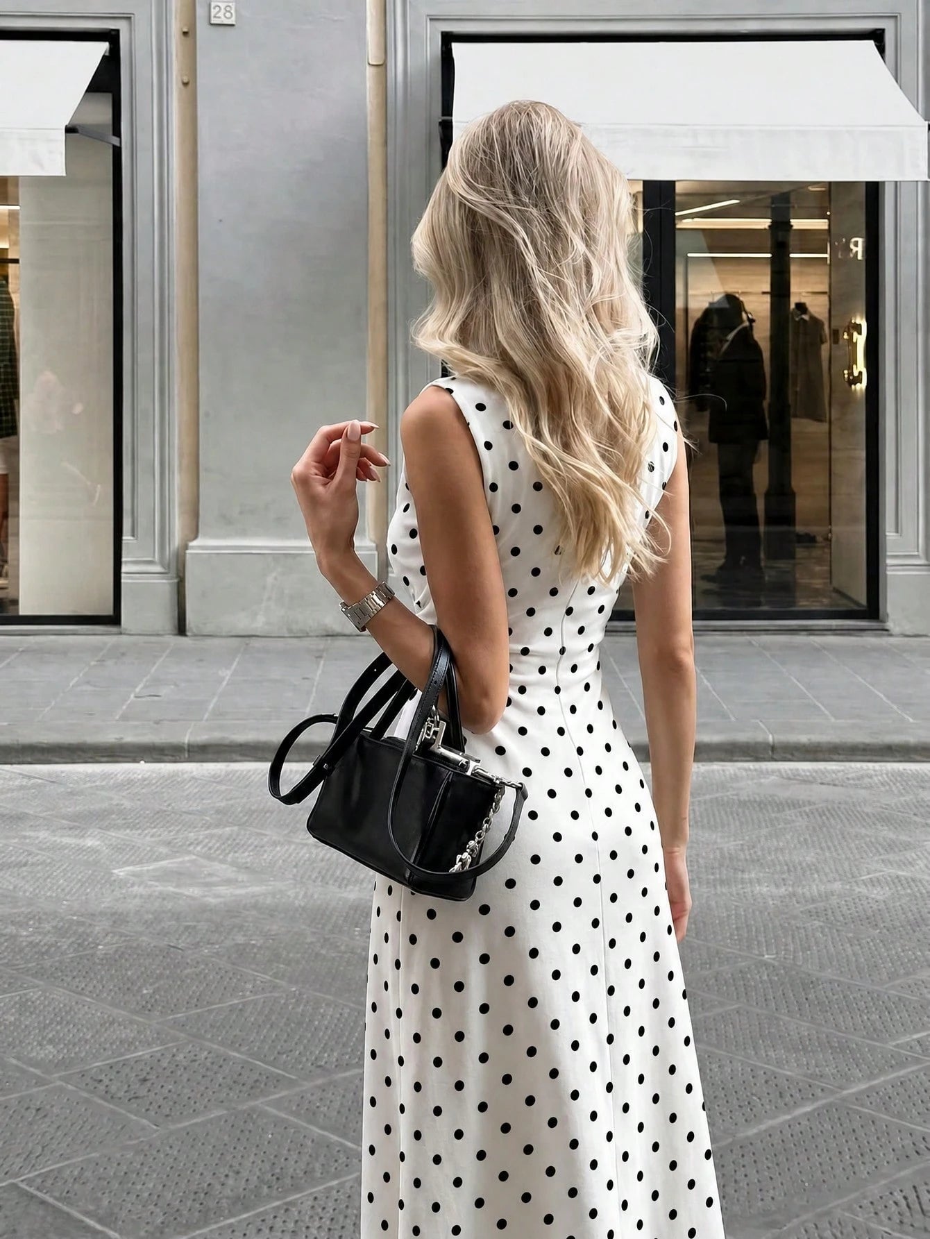 Firerie Elegant White With Black Polka Dots Stand Collar Sleeveless Ruched A-Line Maxi Dress, Perfect For Summer Brunch, Date Tea Party Wedding Guest Clothes
