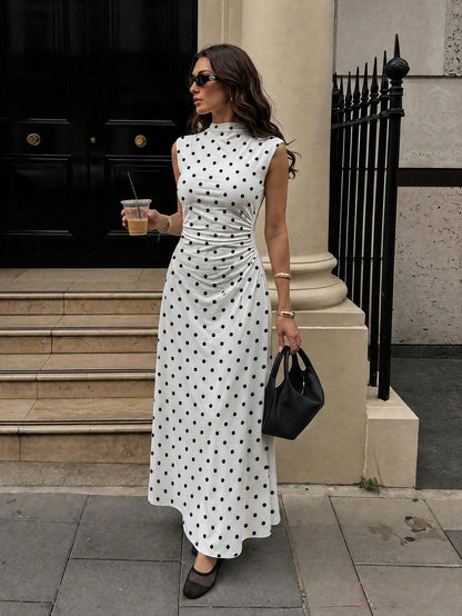 Firerie Elegant White With Black Polka Dots Stand Collar Sleeveless Ruched A-Line Maxi Dress, Perfect For Summer Brunch, Date Tea Party Wedding Guest Clothes