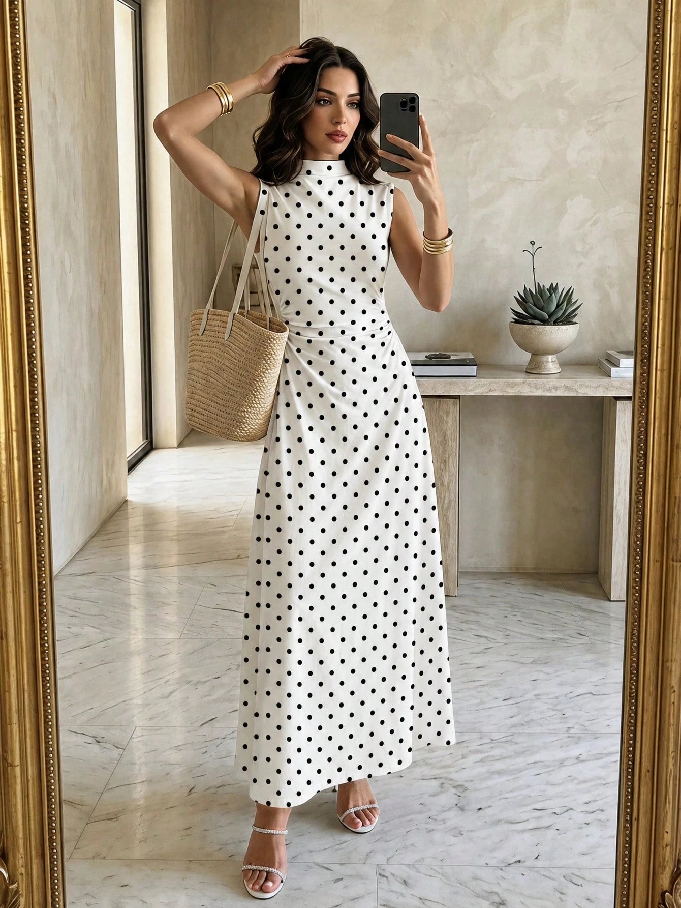 Firerie Elegant White With Black Polka Dots Stand Collar Sleeveless Ruched A-Line Maxi Dress, Perfect For Summer Brunch, Date Tea Party Wedding Guest Clothes