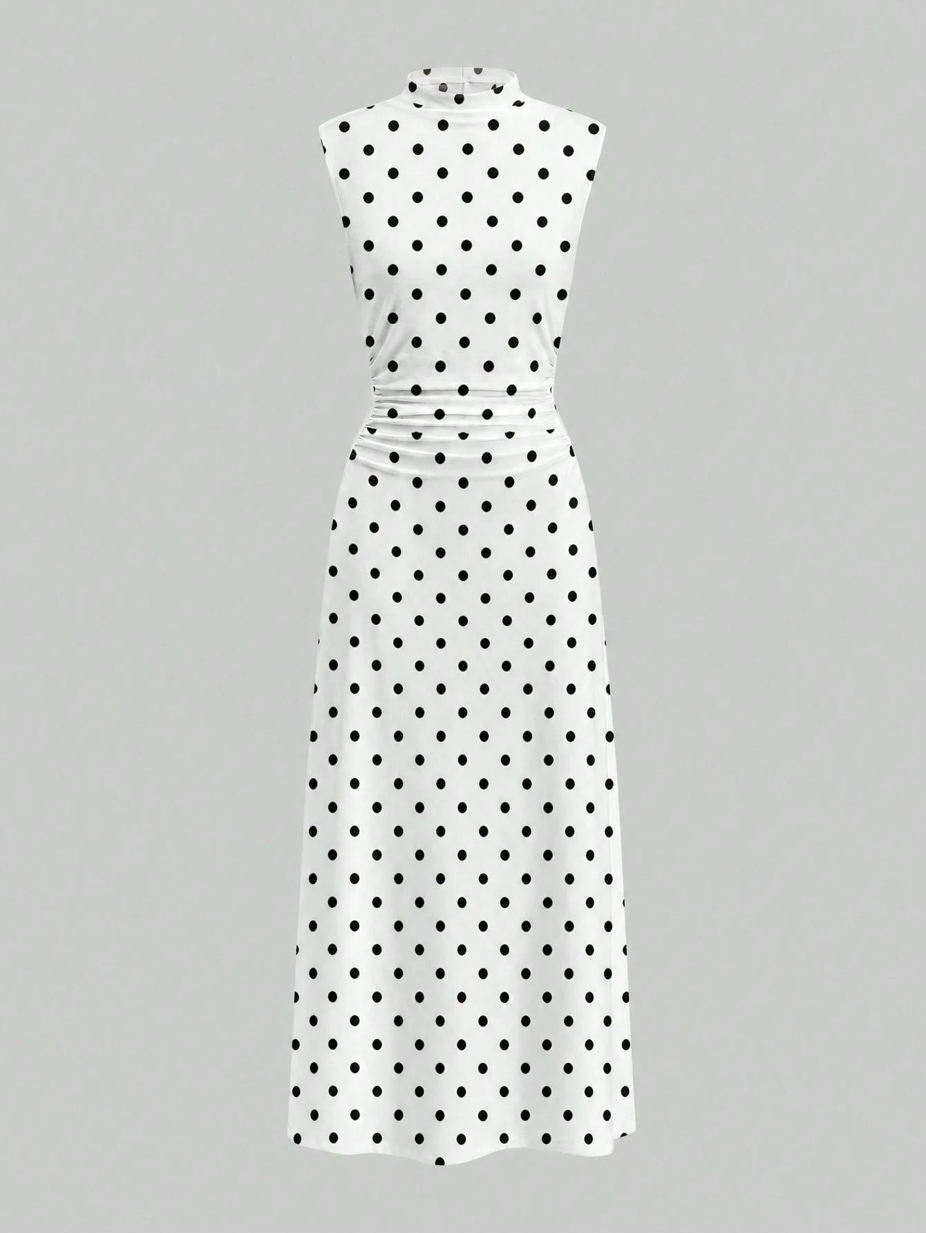 Firerie Elegant White With Black Polka Dots Stand Collar Sleeveless Ruched A-Line Maxi Dress, Perfect For Summer Brunch, Date Tea Party Wedding Guest Clothes