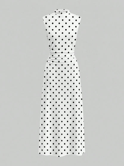 Firerie Elegant White With Black Polka Dots Stand Collar Sleeveless Ruched A-Line Maxi Dress, Perfect For Summer Brunch, Date Tea Party Wedding Guest Clothes