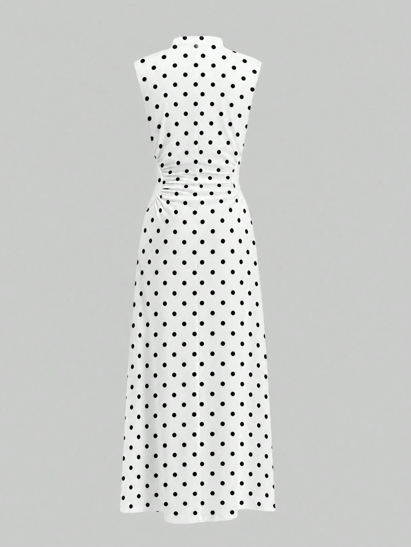 Firerie Elegant White With Black Polka Dots Stand Collar Sleeveless Ruched A-Line Maxi Dress, Perfect For Summer Brunch, Date Tea Party Wedding Guest Clothes