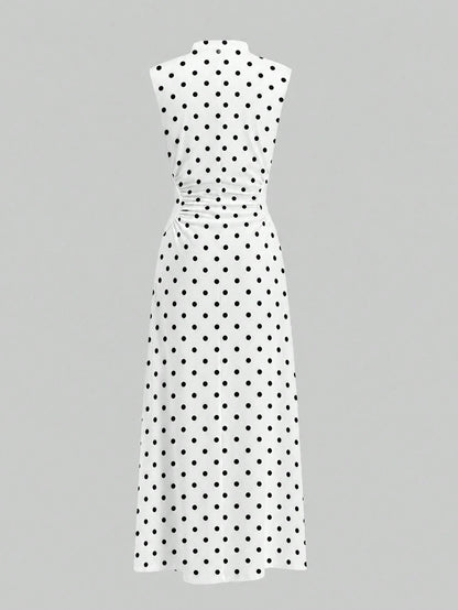 Firerie Elegant White With Black Polka Dots Stand Collar Sleeveless Ruched A-Line Maxi Dress, Perfect For Summer Brunch, Date Tea Party Wedding Guest Clothes