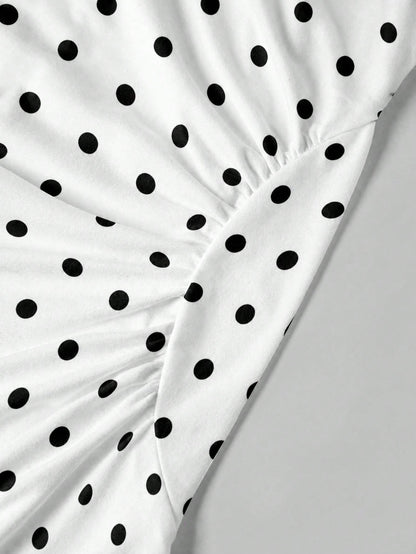 Firerie Elegant White With Black Polka Dots Stand Collar Sleeveless Ruched A-Line Maxi Dress, Perfect For Summer Brunch, Date Tea Party Wedding Guest Clothes