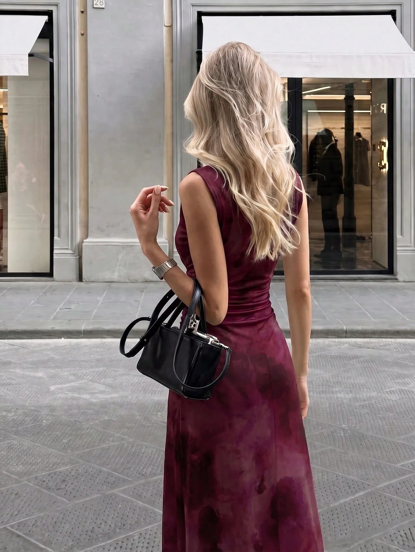 Firerie New Minimalist Elegant Romantic Deep Purple Print Dinner Date Daily Commute Small Stand Collar Sleeveless Cinched Waist Pleated A-Line Long Dress