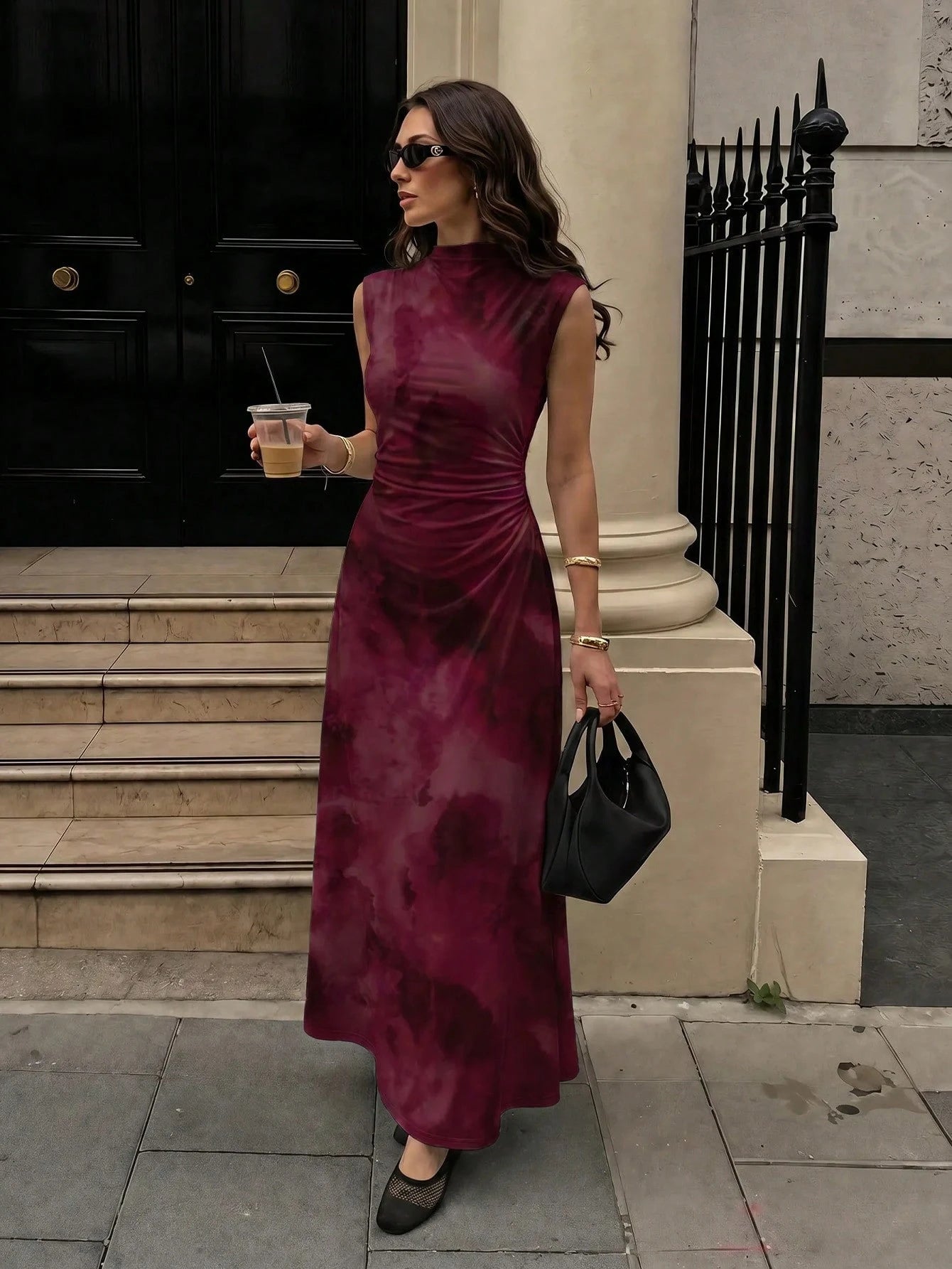 Firerie New Minimalist Elegant Romantic Deep Purple Print Dinner Date Daily Commute Small Stand Collar Sleeveless Cinched Waist Pleated A-Line Long Dress