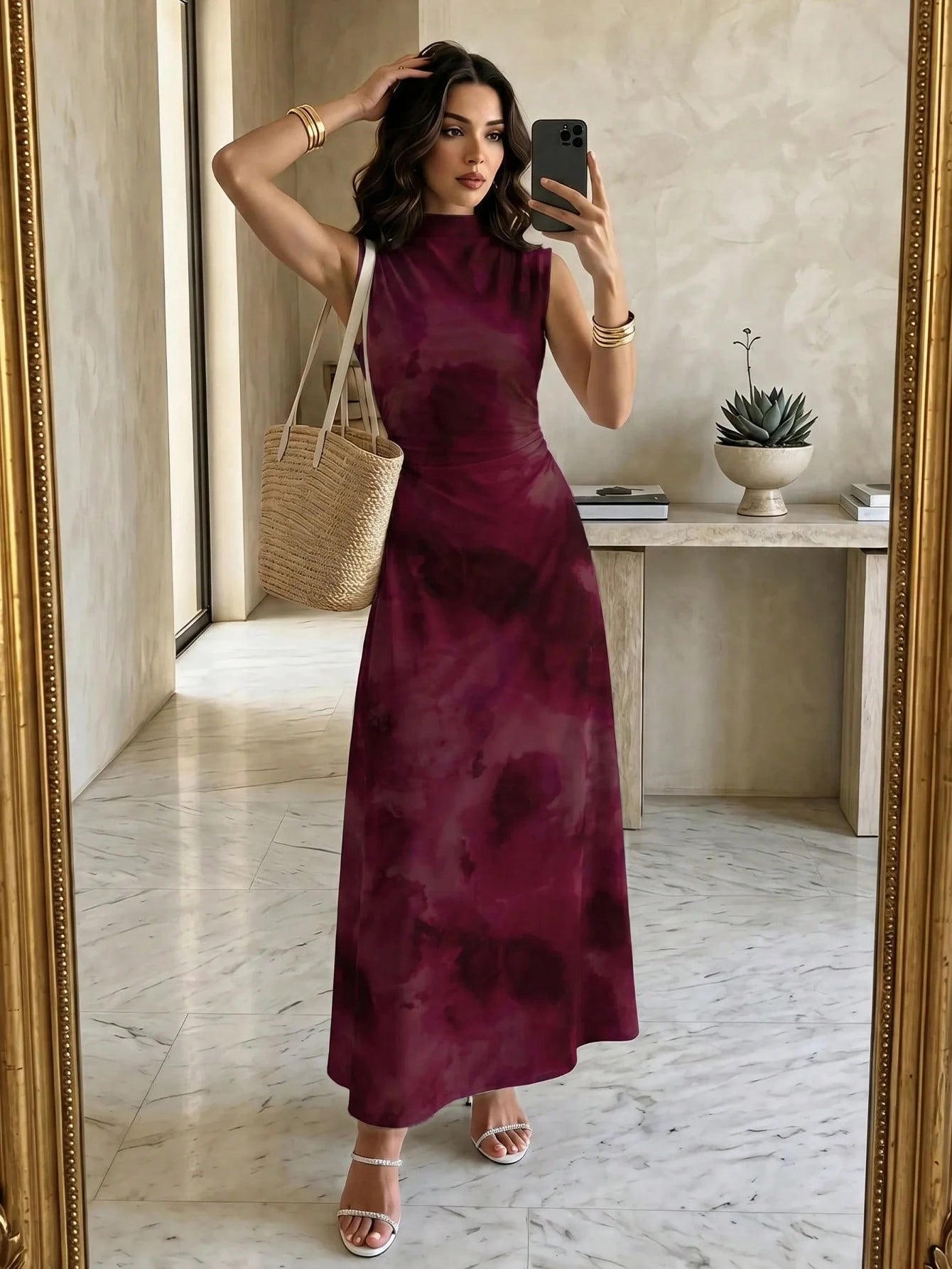 Firerie New Minimalist Elegant Romantic Deep Purple Print Dinner Date Daily Commute Small Stand Collar Sleeveless Cinched Waist Pleated A-Line Long Dress