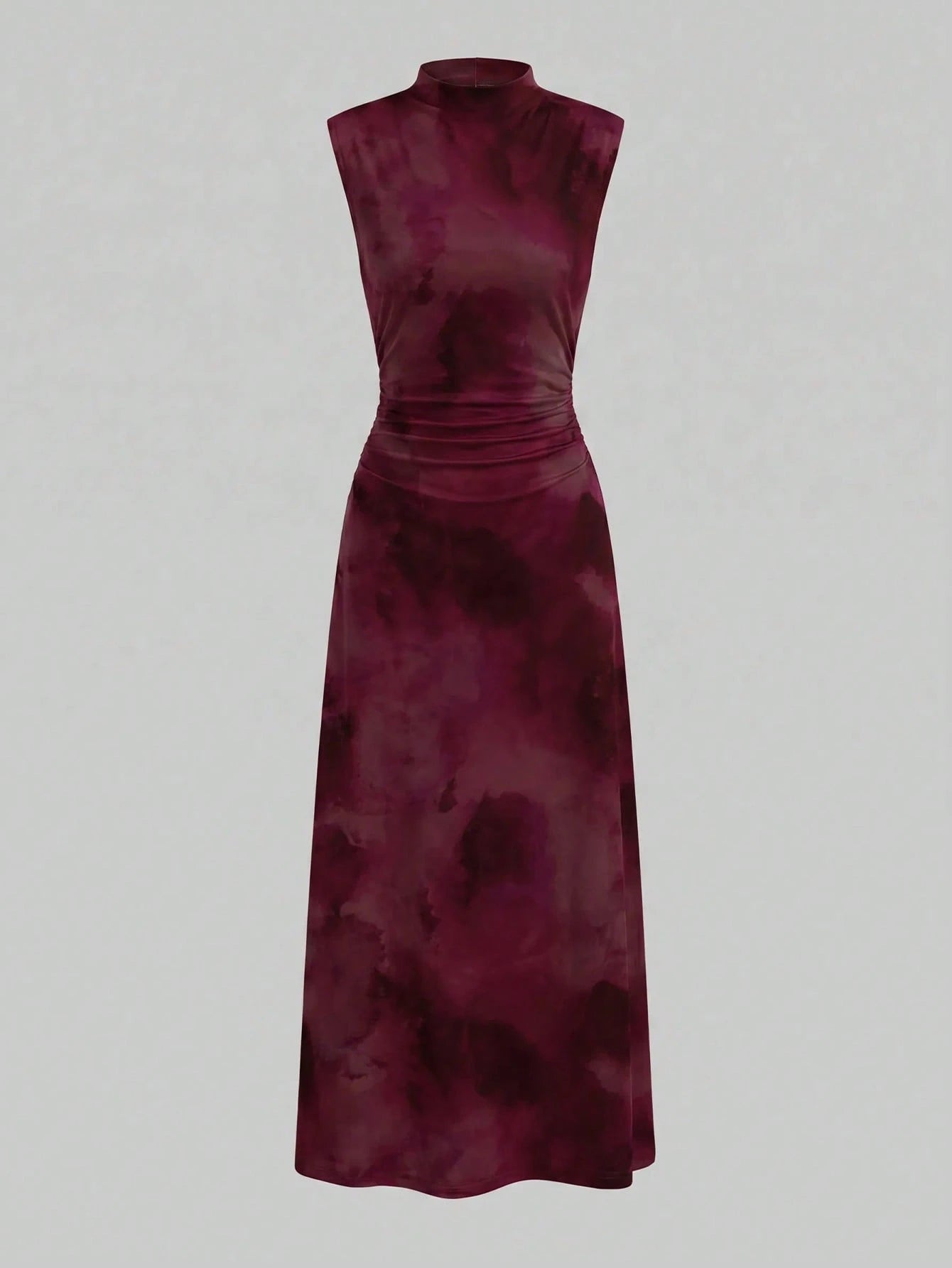 Firerie New Minimalist Elegant Romantic Deep Purple Print Dinner Date Daily Commute Small Stand Collar Sleeveless Cinched Waist Pleated A-Line Long Dress