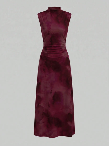 Firerie New Minimalist Elegant Romantic Deep Purple Print Dinner Date Daily Commute Small Stand Collar Sleeveless Cinched Waist Pleated A-Line Long Dress