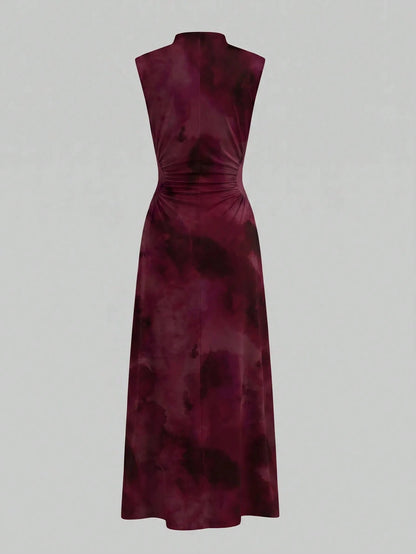 Firerie New Minimalist Elegant Romantic Deep Purple Print Dinner Date Daily Commute Small Stand Collar Sleeveless Cinched Waist Pleated A-Line Long Dress