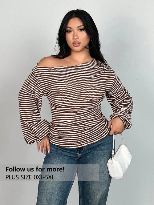 Firerie Plus Size Oblique Shoulder Long Sleeve T-Shirt, Pineapple Texture Asymmetric Autumn Women Tops Top Cute Striped Off Fall