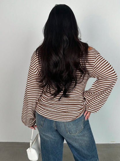 Firerie Plus Size Oblique Shoulder Long Sleeve T-Shirt, Pineapple Texture Asymmetric Autumn Women Tops Top Cute Striped Off Fall