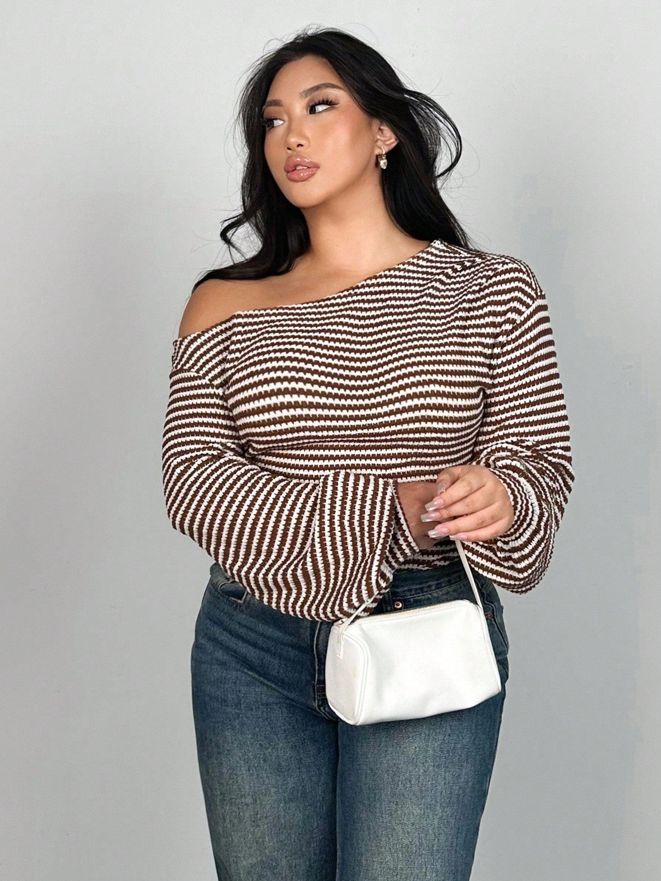 Firerie Plus Size Oblique Shoulder Long Sleeve T-Shirt, Pineapple Texture Asymmetric Autumn Women Tops Top Cute Striped Off Fall