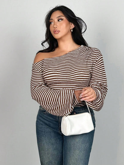 Firerie Plus Size Oblique Shoulder Long Sleeve T-Shirt, Pineapple Texture Asymmetric Autumn Women Tops Top Cute Striped Off Fall