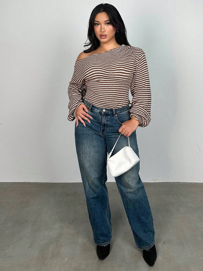 Firerie Plus Size Oblique Shoulder Long Sleeve T-Shirt, Pineapple Texture Asymmetric Autumn Women Tops Top Cute Striped Off Fall