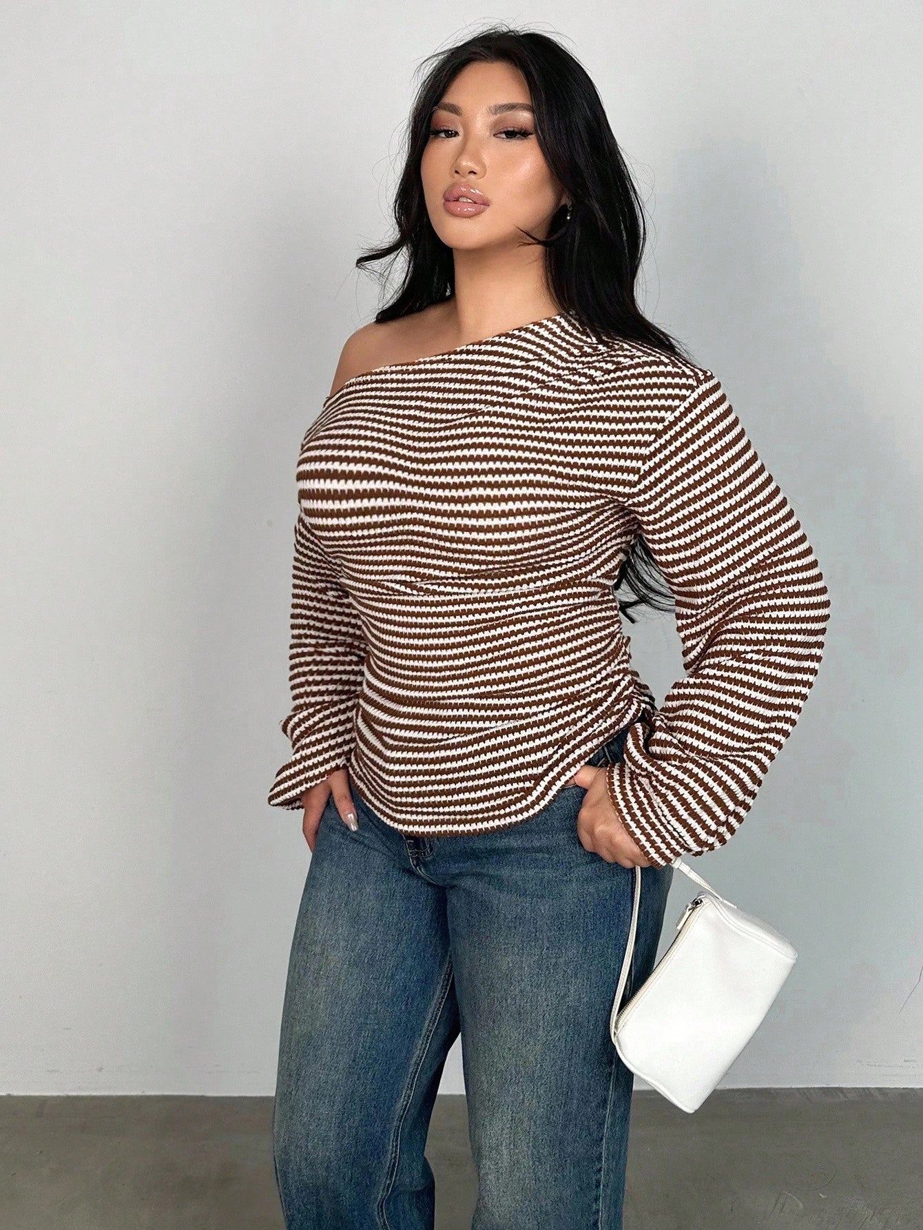 Firerie Plus Size Oblique Shoulder Long Sleeve T-Shirt, Pineapple Texture Asymmetric Autumn Women Tops Top Cute Striped Off Fall